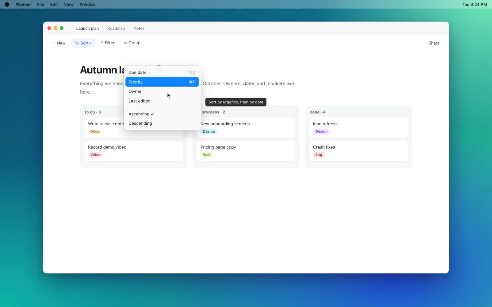 Aufgabenboard mit geöffnetem Sortiermenü und Tooltip